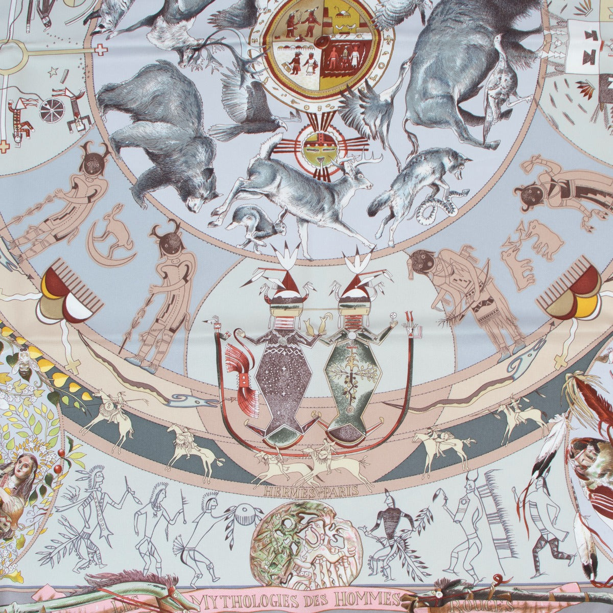 Buy an authentic second hand Hermès Grey Silk Mythologies Des Hommes Scarf in good condition at Labellov Antwerp.