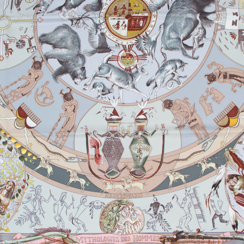 Buy an authentic second hand Hermès Grey Silk Mythologies Des Hommes Scarf in good condition at Labellov Antwerp.