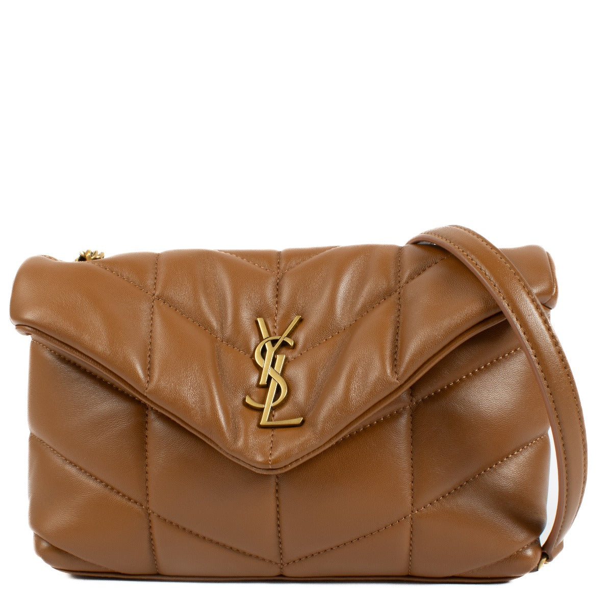 Mini version of the Loulou Puffer in soft nappa lambskin, featuring chevron quilting and a sliding chain strap for shoulder or crossbody wear. Buy now on Labellov.com.