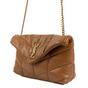 Mini version of the Loulou Puffer in soft nappa lambskin, featuring chevron quilting and a sliding chain strap for shoulder or crossbody wear. Buy now on Labellov.com.