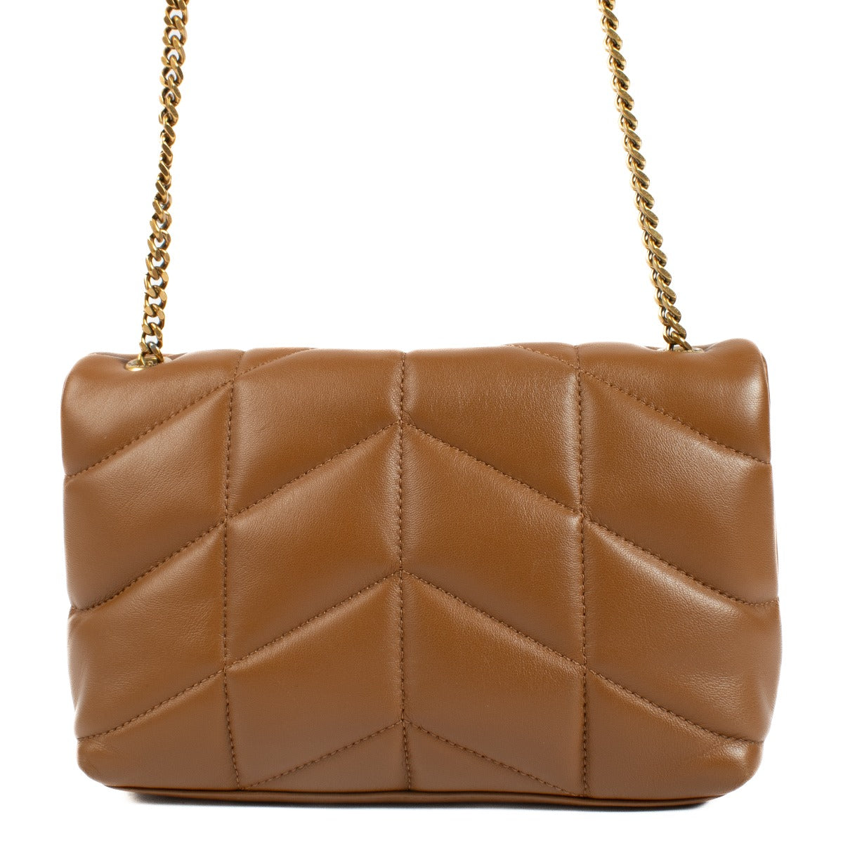 Mini version of the Loulou Puffer in soft nappa lambskin, featuring chevron quilting and a sliding chain strap for shoulder or crossbody wear. Buy now on Labellov.com.