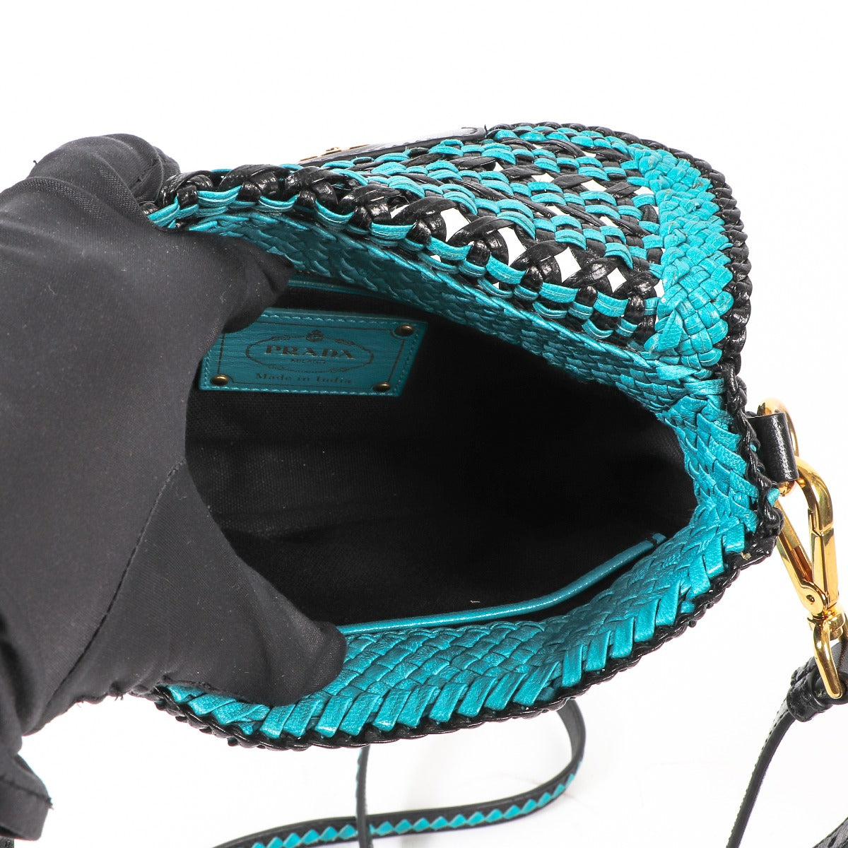 Sac bandoulière à rabat tressé Prada Madras noir/turquoise