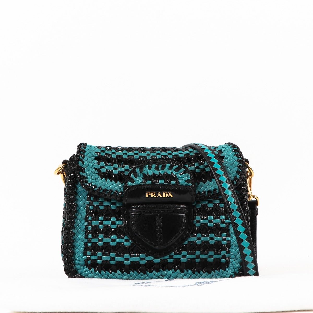 Shop now for your pre-loved, 100% authentic Prada Black/Turquoise Madras Woven Flap Leather Bag, at Labellov, Antwerp, Brussel, Knokke