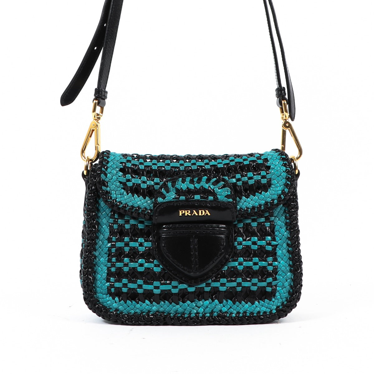 Shop now for your pre-loved, 100% authentic Prada Black/Turquoise Madras Woven Flap Leather Bag, at Labellov, Antwerp, Brussel, Knokke