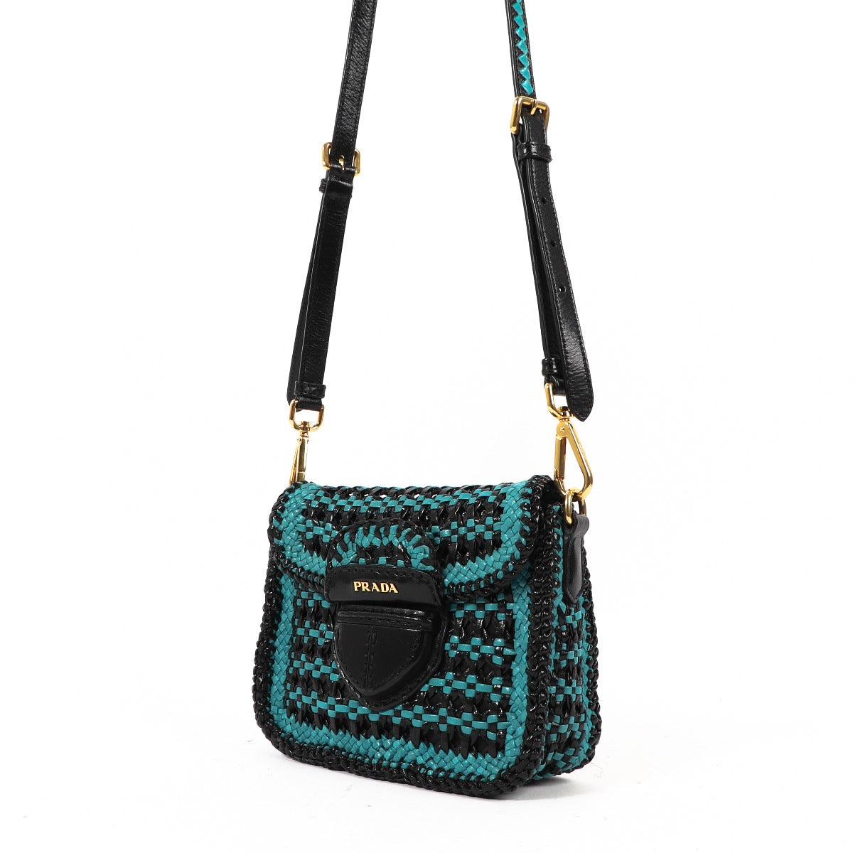 Shop now for your pre-loved, 100% authentic Prada Black/Turquoise Madras Woven Flap Leather Bag, at Labellov, Antwerp, Brussel, Knokke