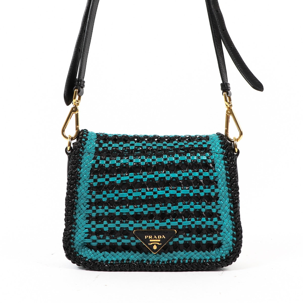 Shop now for your pre-loved, 100% authentic Prada Black/Turquoise Madras Woven Flap Leather Bag, at Labellov, Antwerp, Brussel, Knokke