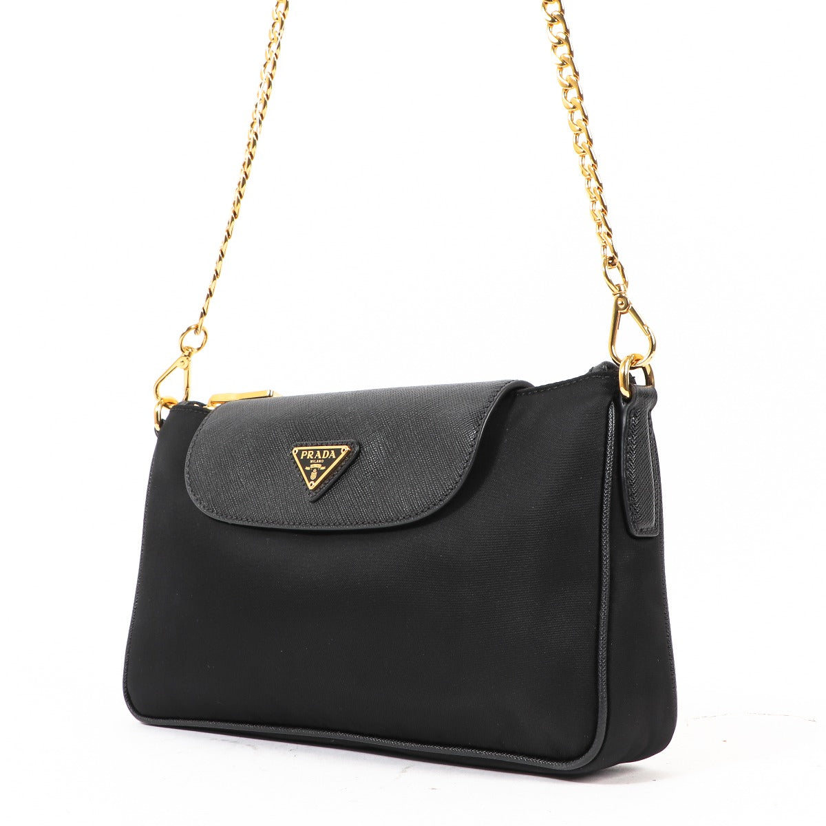 Prada Zwarte Nylon Saffiano Ketting Crossbody Tas