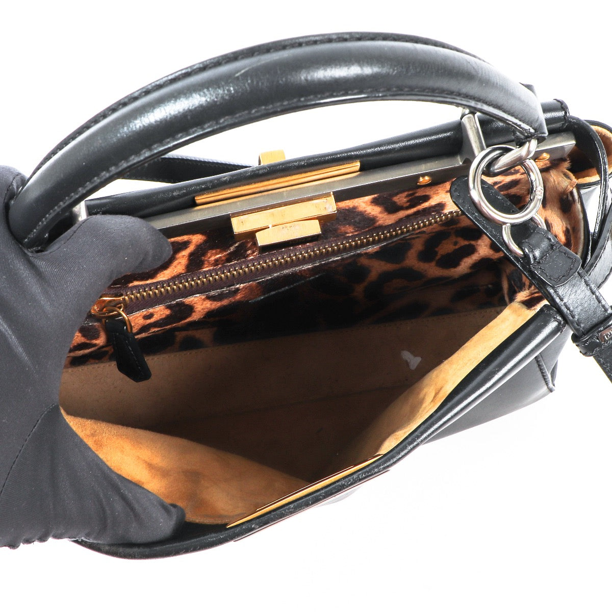 Buy an authentic second hand Fendi Black Leopard-Lined Small Peekaboo Bag in very good condition at Labellov