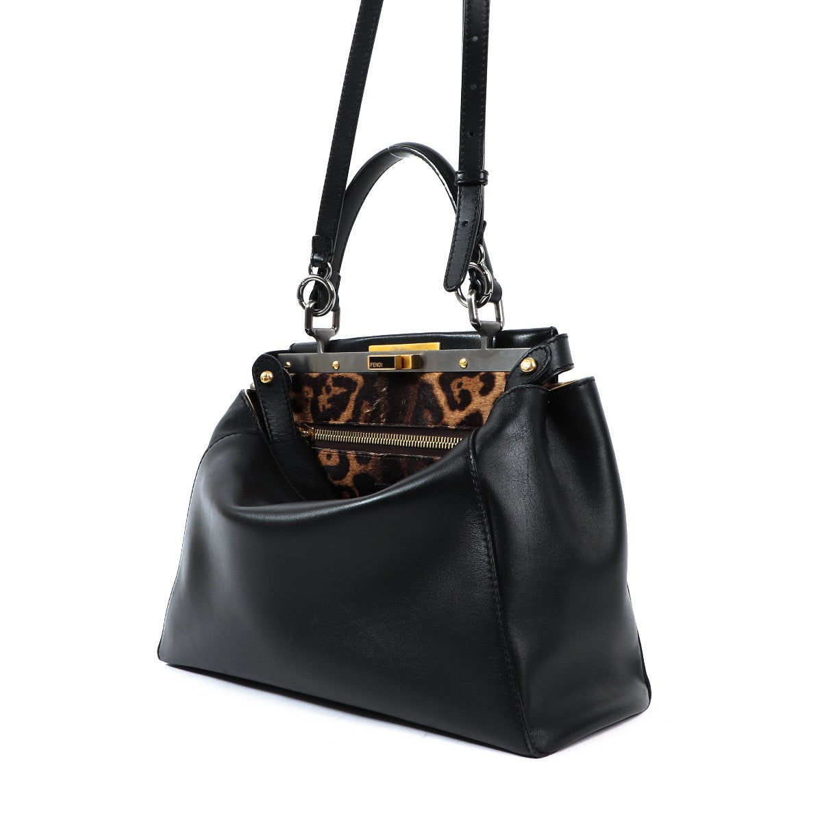 Buy an authentic second hand Fendi Black Leopard-Lined Small Peekaboo Bag in very good condition at Labellov