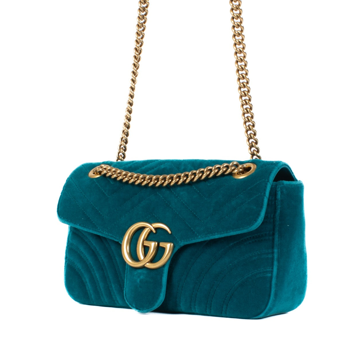 Shop safe online at Labellov in Antwerp, Brussels and Knokke this 100% authentic second hand Gucci Turquoise Velvet GG Small Marmont Bag