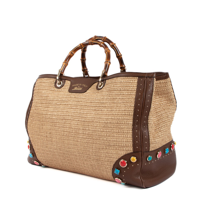 Buy an authentic Gucci Raffia Brown Large Bamboo Shopper on LabelLov.com
