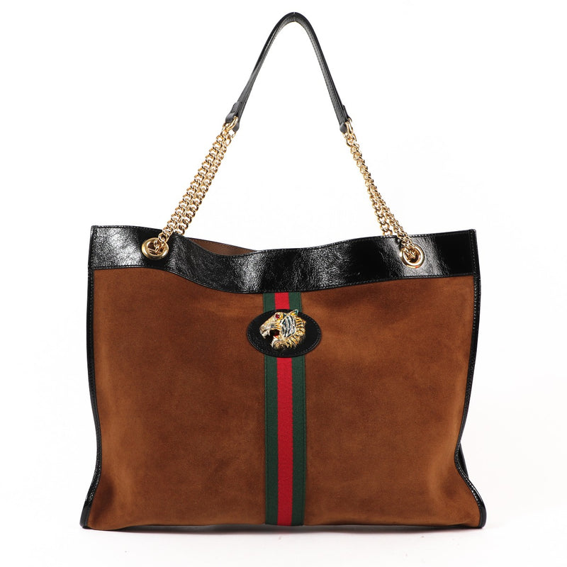 Buy an authentic second hand Gucci Brown Suede Maxi Rajah Tote Bag in very good condition at Labellov Antwerp.