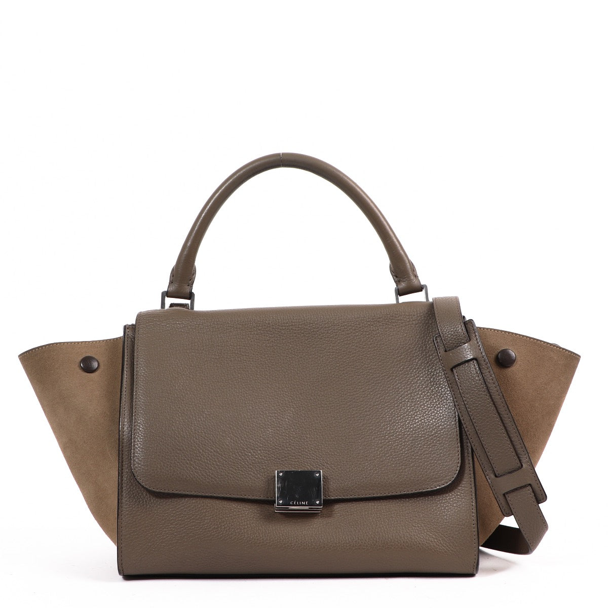 Shop safe online at Labellov in Antwerp this 100% authentic second hand Céline Taupe Leather & Suede Small Trapeze Shoulder Bag