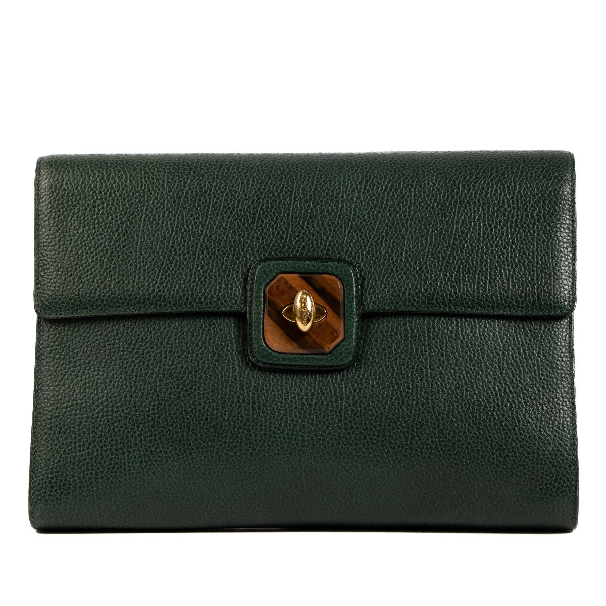 Delvaux Green Grained Leather Wooden Turnlock Clutch