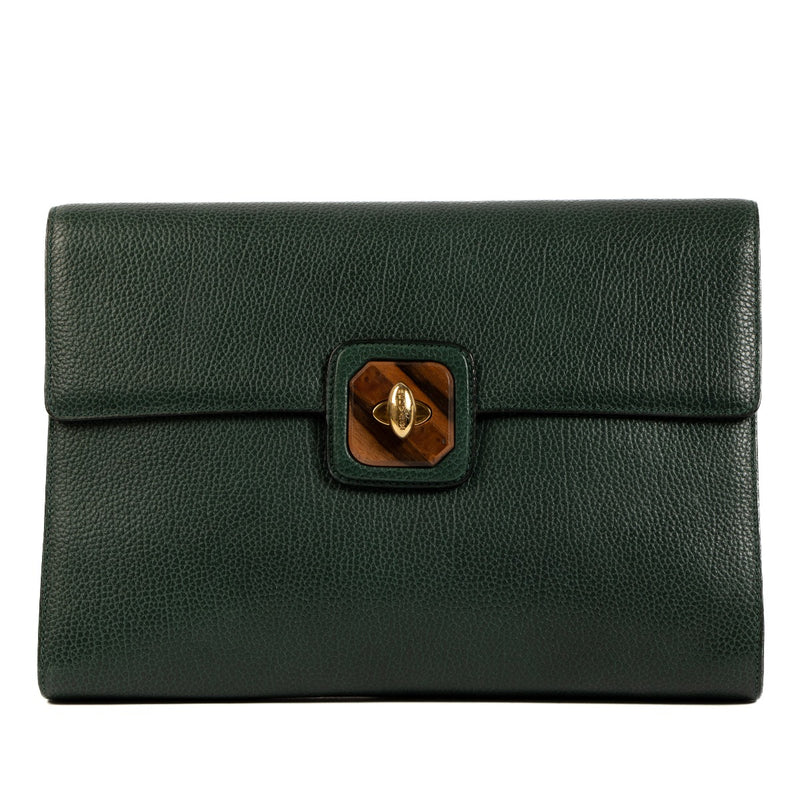 Delvaux Green Grained Leather Wooden Turnlock Clutch