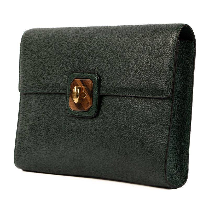Delvaux Groen Generfd Leren Houten Draaisluiting Clutch