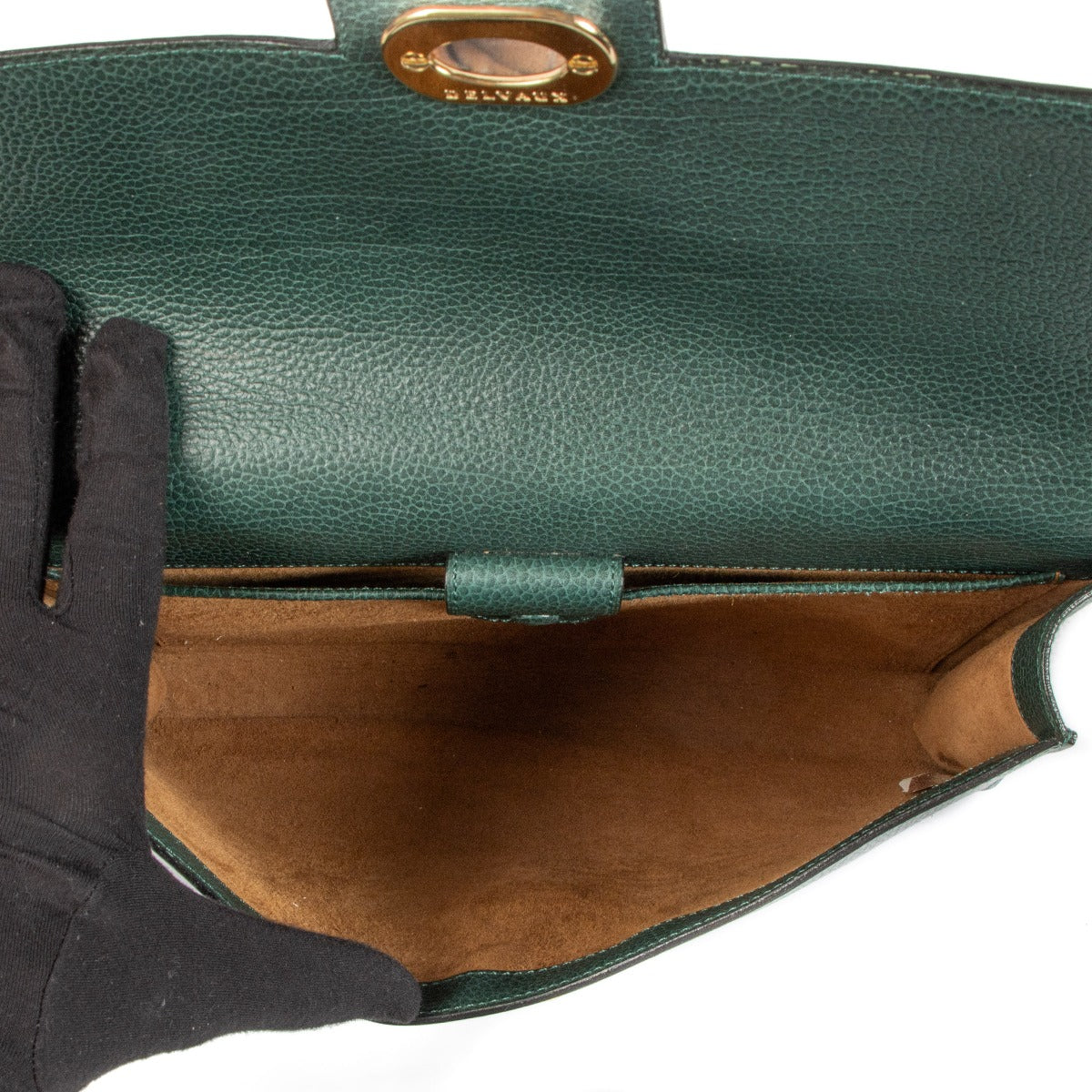 Delvaux Green Grained Leather Wooden Turnlock Clutch