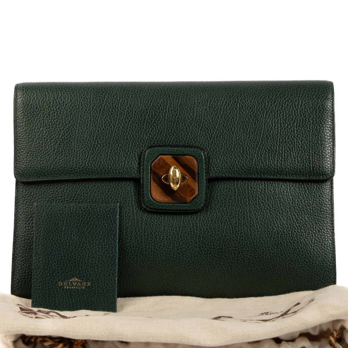 Delvaux Green Grained Leather Wooden Turnlock Clutch