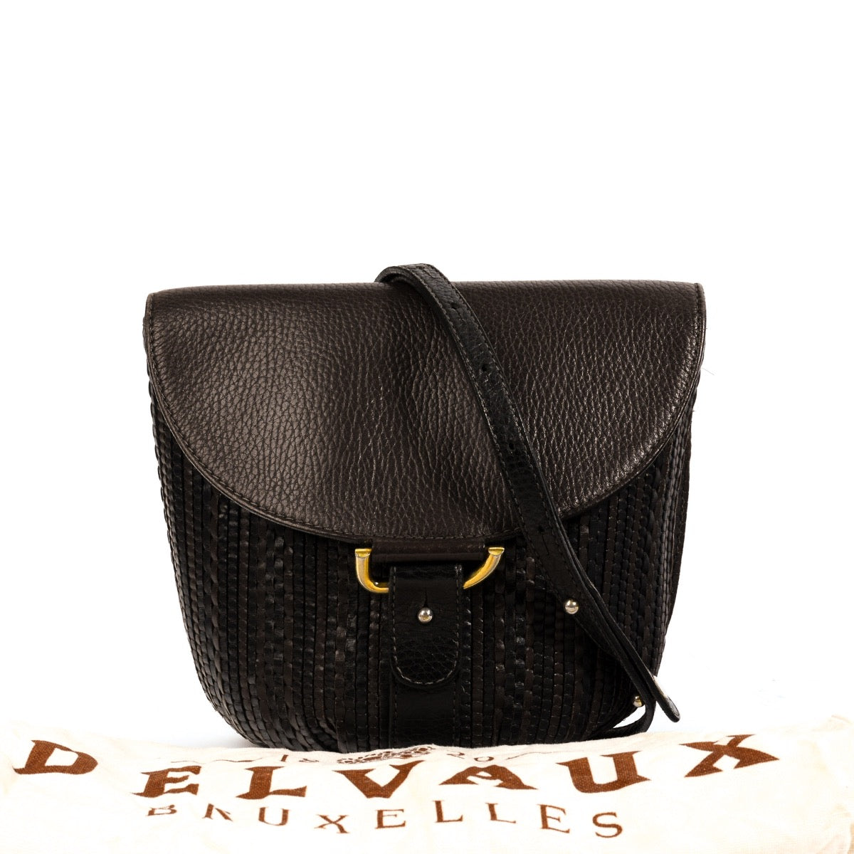 shop safe online at Labellov in Antwerp, brussels and Knokke this 100% authentic second hand Delvaux Listrac PM Café Toile de Cuir Crossbody Bag