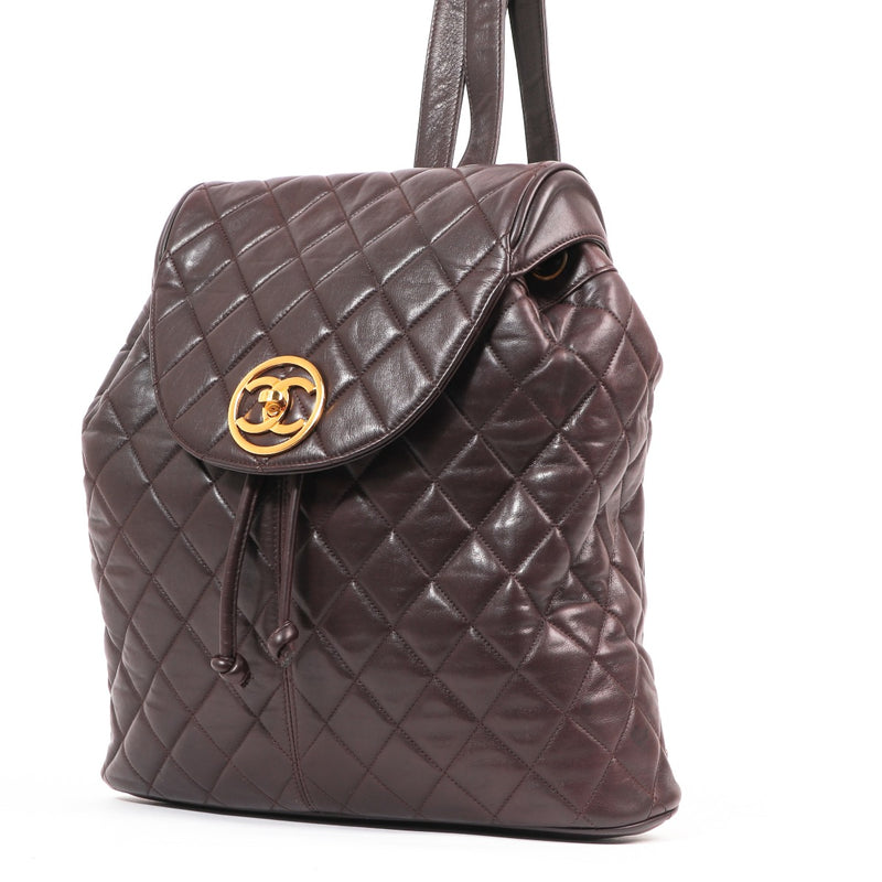 Chanel Vintage Bruin Doorgestikt Lamsleer CC Rugzak