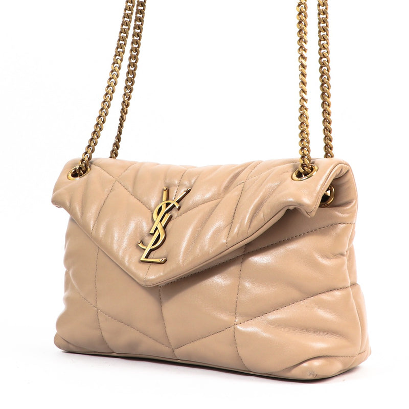 Buy an authentic Saint Laurent Beige Puffer Small Chain Shoulder Bag in very good condition at Labellov in Antwerp.