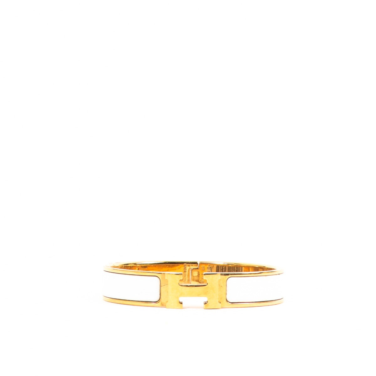 Buy an authentic second-hand Hermès White Enamel Gold-Plated Clic H Bracelet in good condition at Labellov in Antwerp.