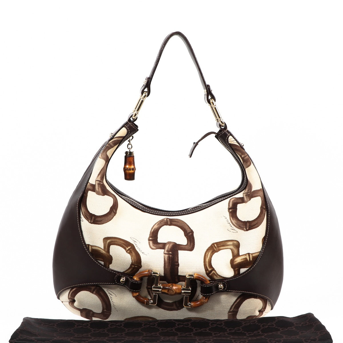 Buy an authentic second Gucci White Canvas Horsebit Print Bamboo Amalfi Bag in very good condition at Labellov Antwerp.