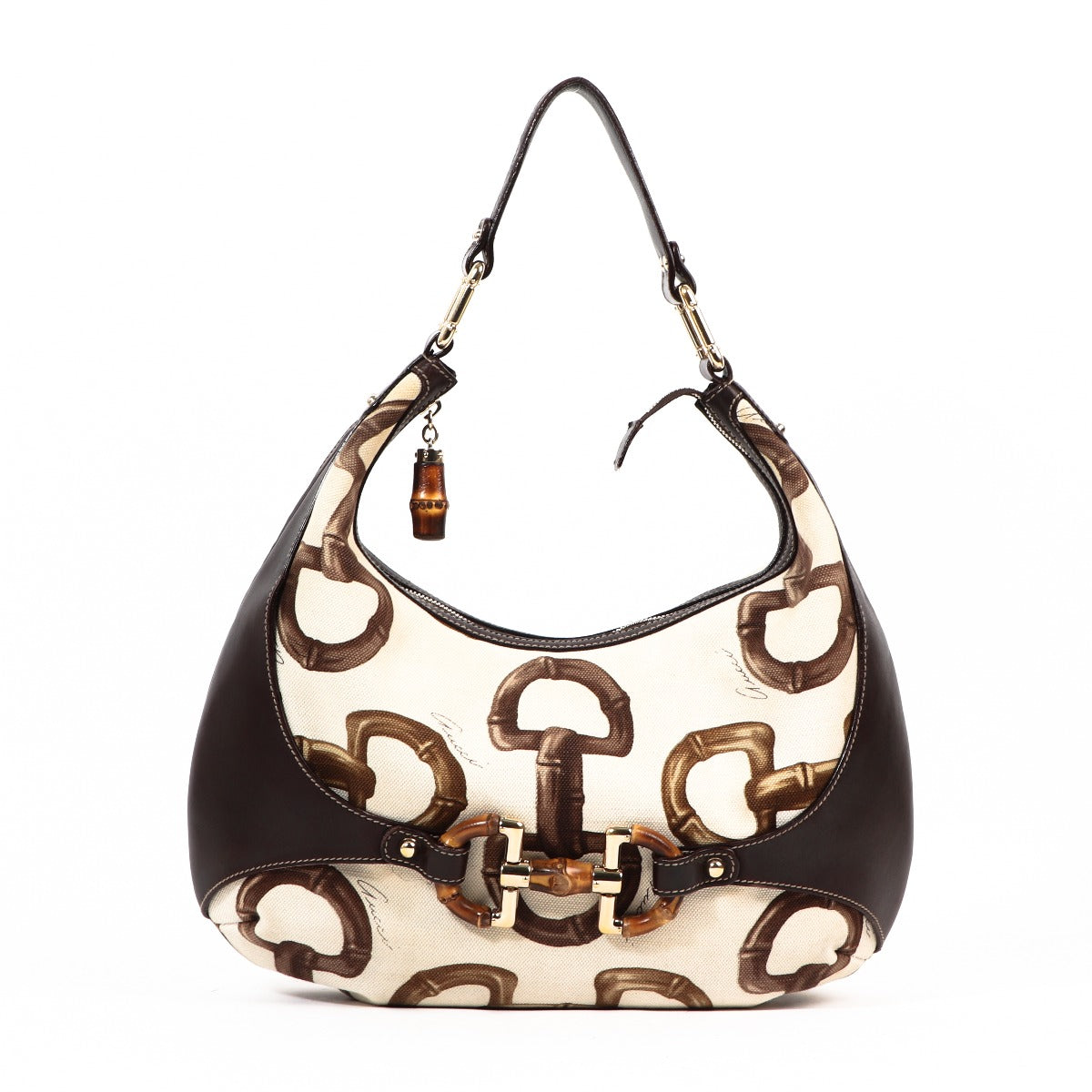 Buy an authentic second Gucci White Canvas Horsebit Print Bamboo Amalfi Bag in very good condition at Labellov Antwerp.