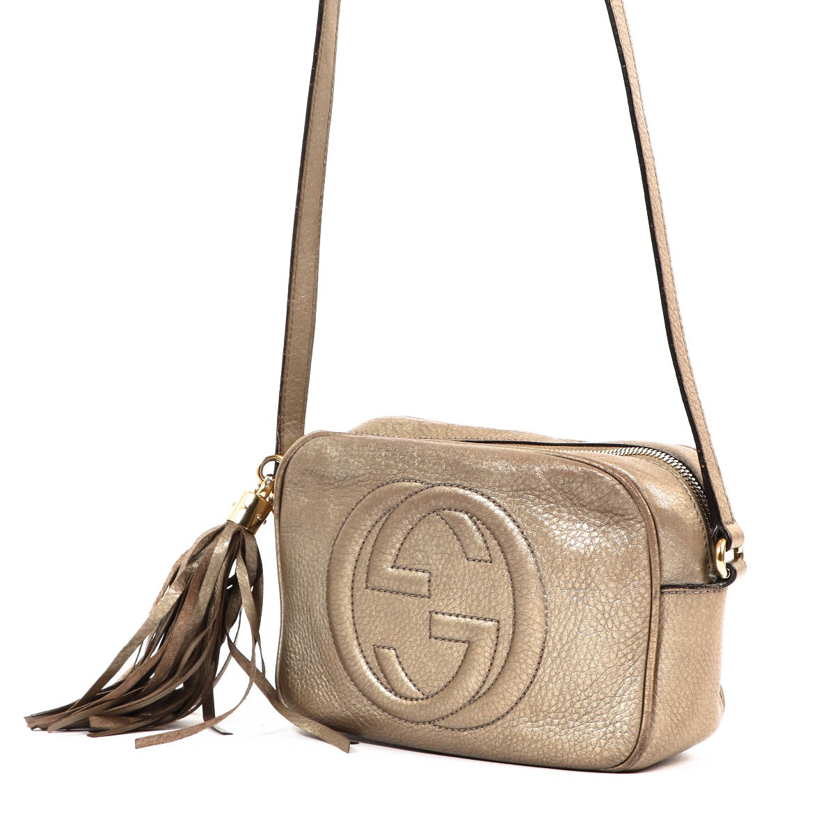 Buy an authentic second hand Gucci Metallic Bronze Calfskin Soho Disco Crossbody bag in very good condition at Labellov Antwerp.