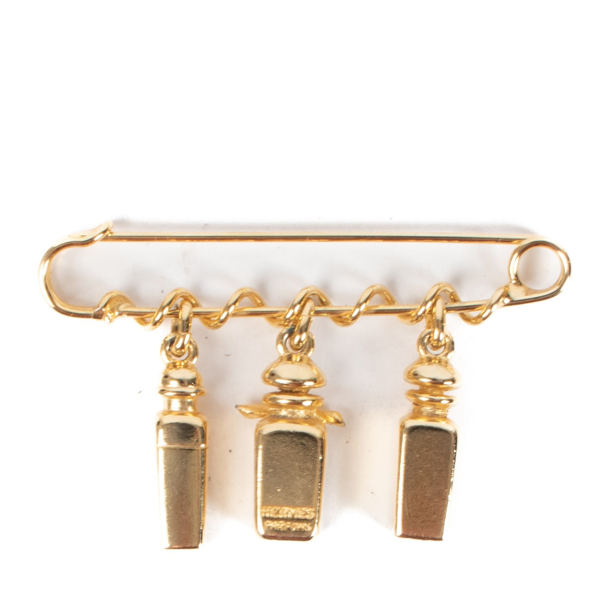 Buy an authentic Hermès Gold Calèche Pendant Perfume Brooch on LabelLov.com