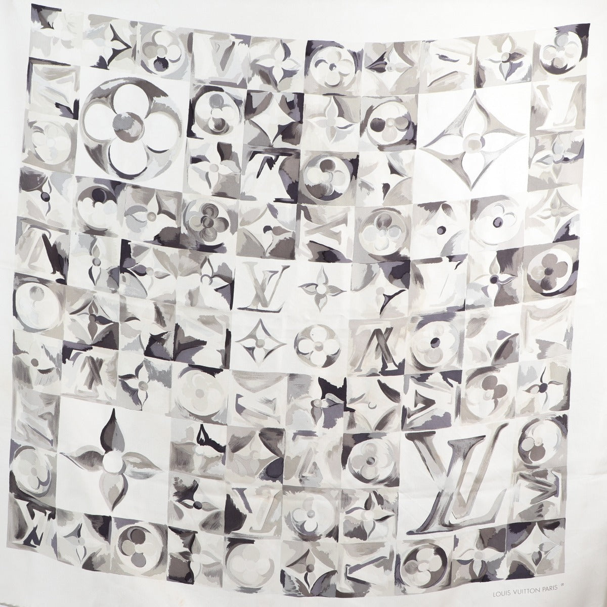Buy an authentic second hand Louis Vuitton Grey Silk Monogram Scarf in good condition at Labellov Antwerp.