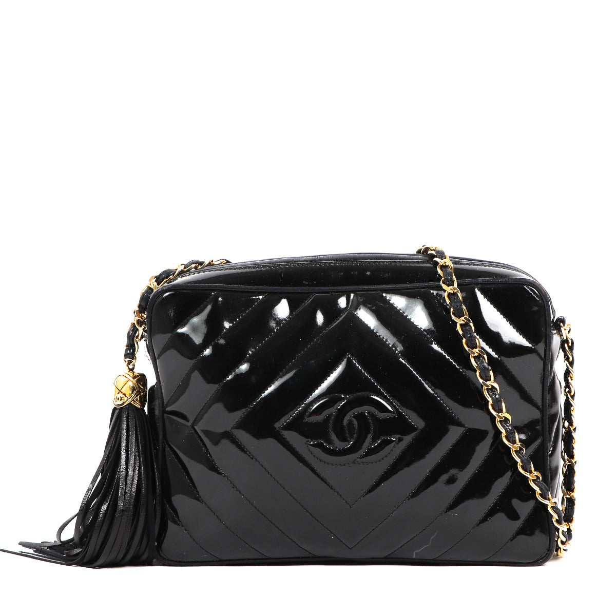 Chanel Vintage Black Patent Leather CC Tassel Camera Bag