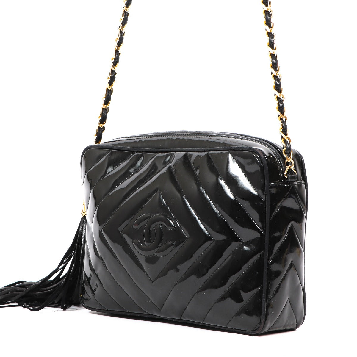 Chanel Vintage Black Patent Leather CC Tassel Camera Bag