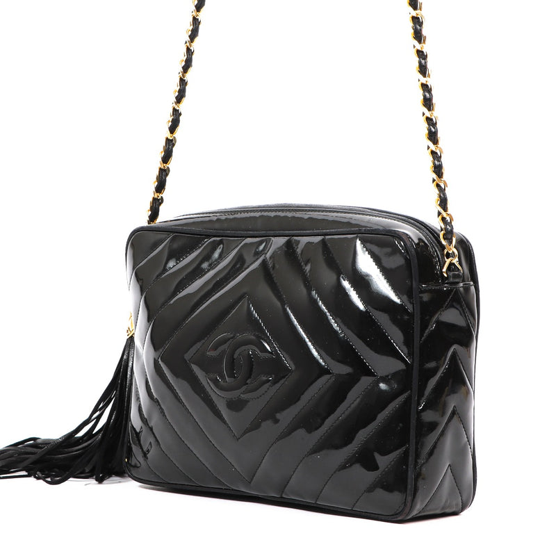Chanel Vintage Black Patent Leather CC Tassel Camera Bag
