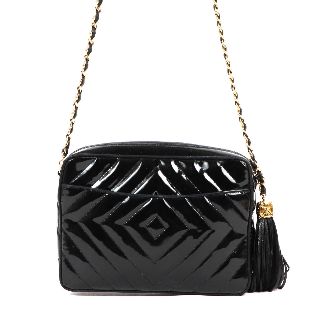 Chanel Vintage Zwart Lakleer CC Kwastje Cameratas