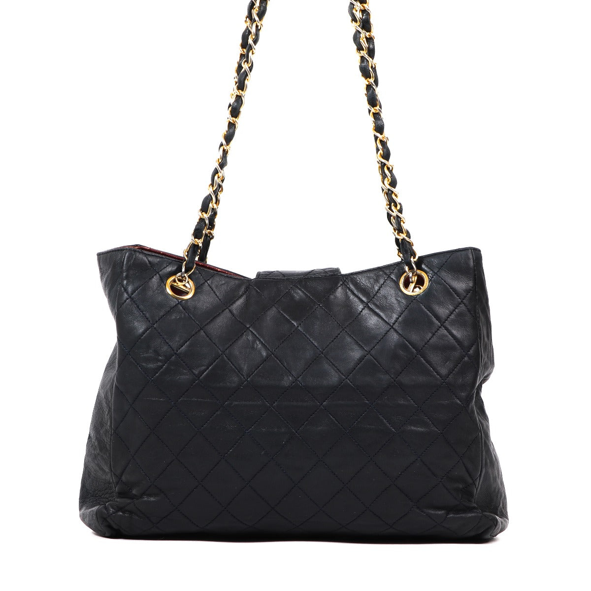 Sac fourre-tout Chanel vintage en cuir d'agneau matelassé bleu marine avec CC - petit modèle