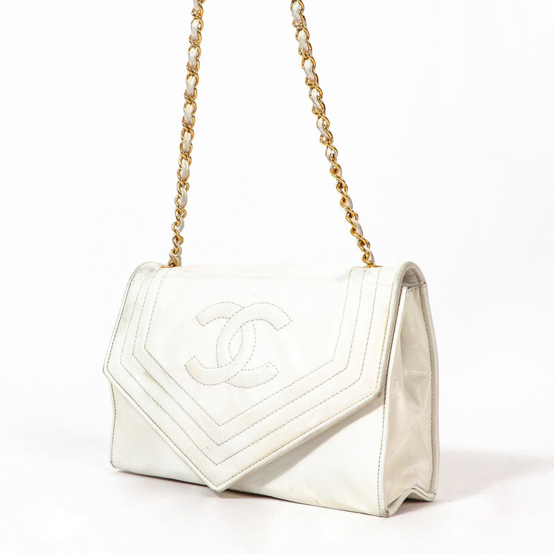 Chanel Vintage White CC Clutch With Chain