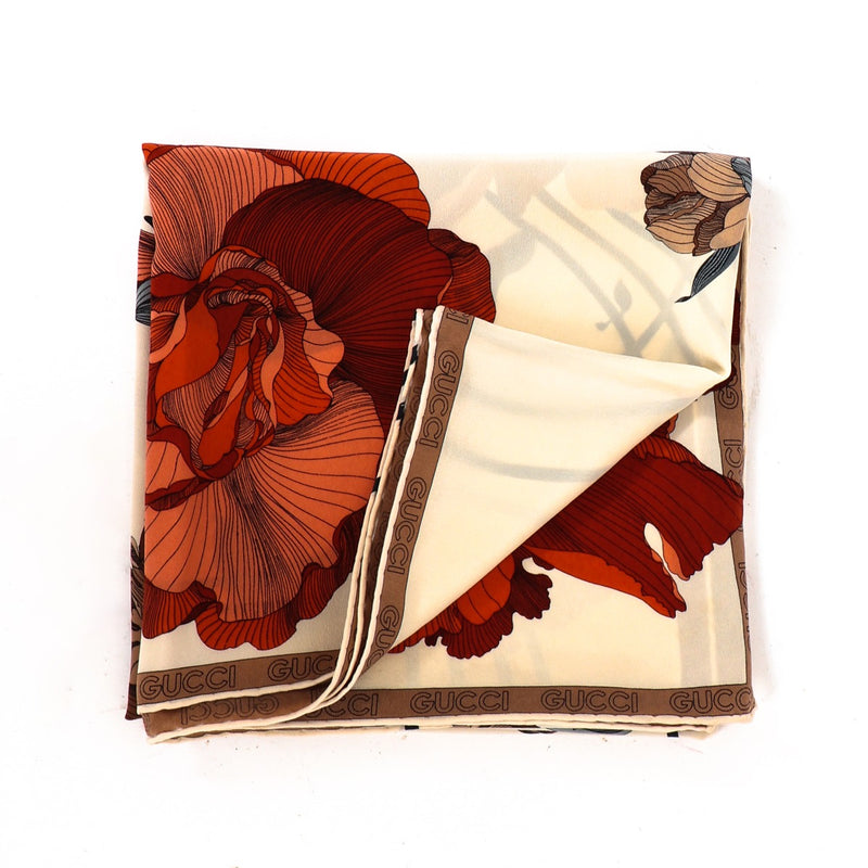 Gucci Vintage Peony Silk Logo Scarf
