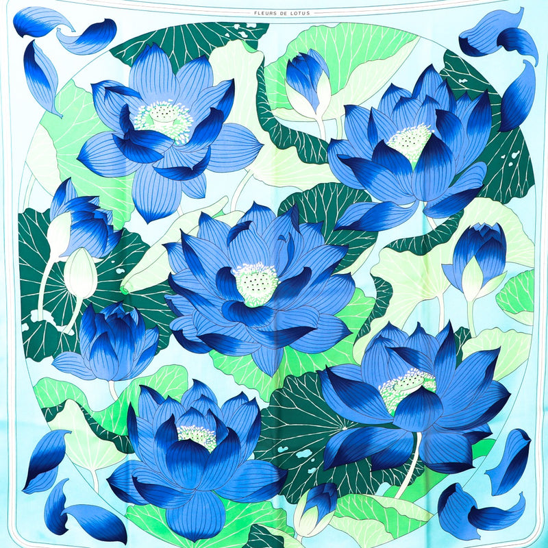 Hermès Baby Blue Fleurs de Lotus Silk 90 Scarf