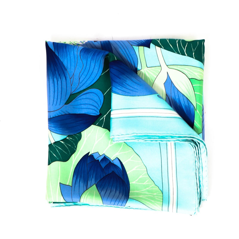 Hermès Baby Blue Fleurs de Lotus Silk 90 Scarf