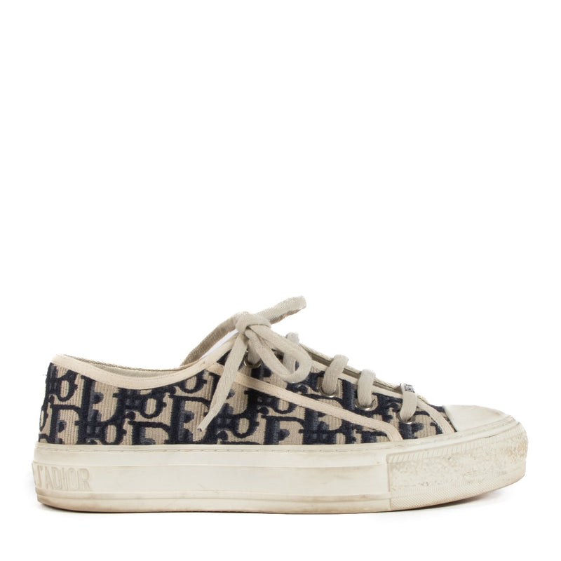 Buy real authentic Christian Dior Walk'n Dior Deep Blue Dior Oblique Embroidered Cotton Sneakers - 36.5 safe online at Labellov.com or in Brussels, Knokke and Antwerp