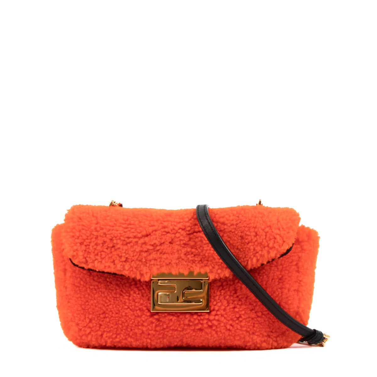 Fendi Orange Shearling Mini Be Baguette Shoulder Bag