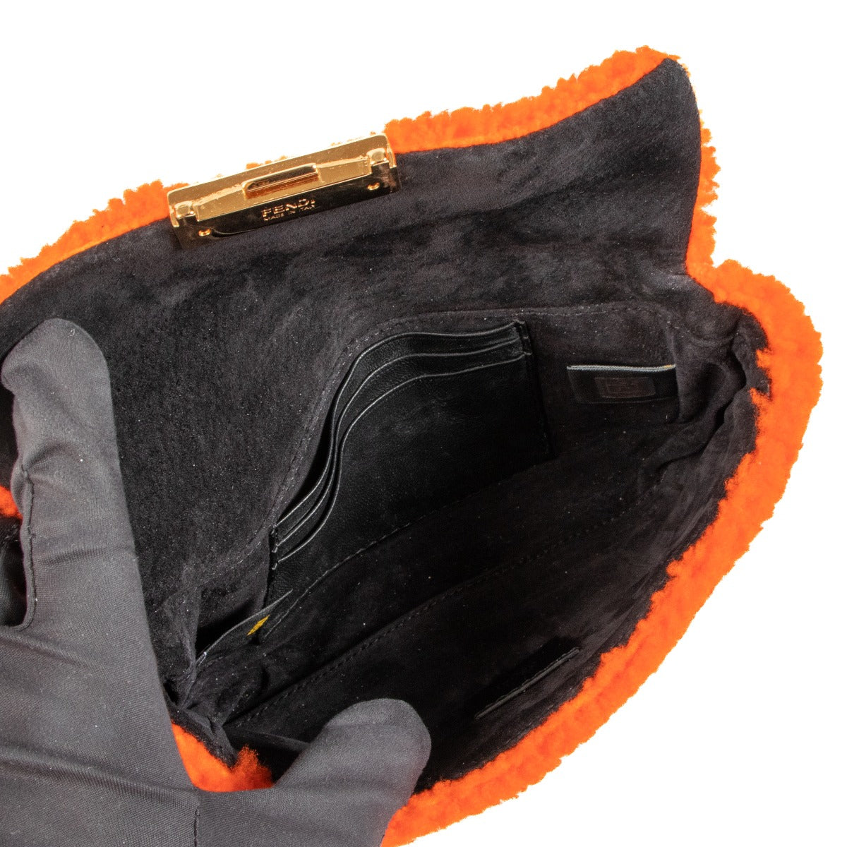 Fendi Orange Shearling Mini Be Baguette Shoulder Bag