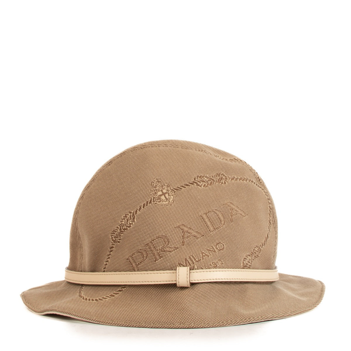 Prada Natural Canvas Embroidered Logo Bucket Hat