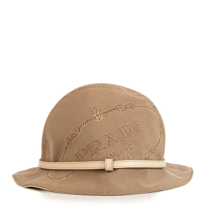 Prada Natural Canvas Embroidered Logo Bucket Hat