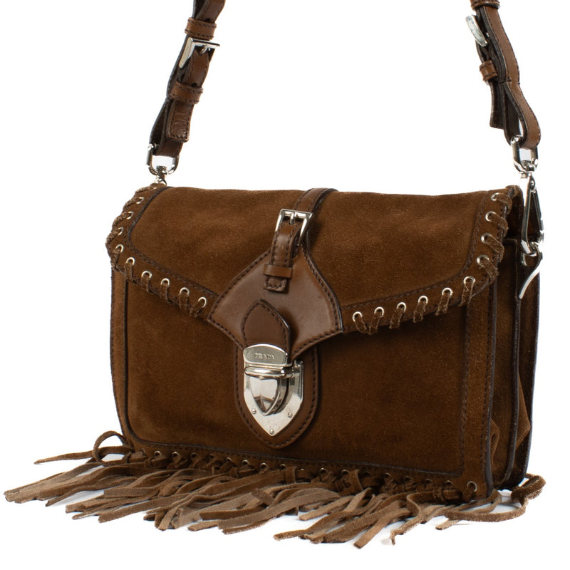 Prada Tabacco Suede Fringe Small Shoulder Bag