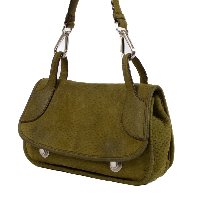 Buy an authentic second-hand Prada Green Suede Shoulder Bag in very good condition at Labellov in Antwerp.