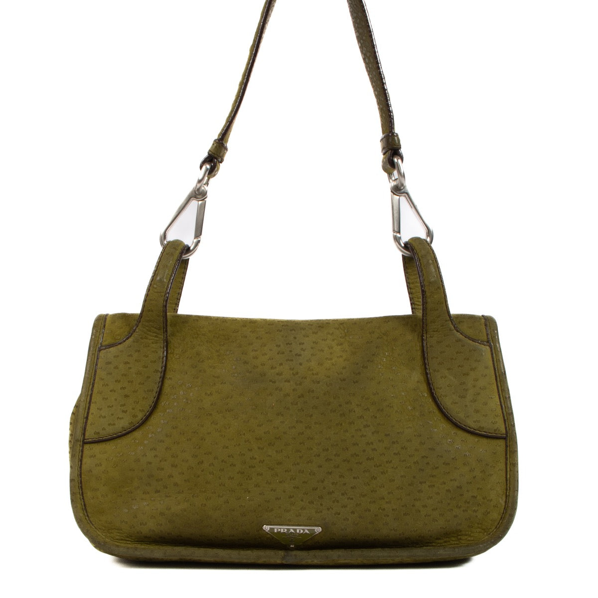Buy an authentic second-hand Prada Green Suede Shoulder Bag in very good condition at Labellov in Antwerp.