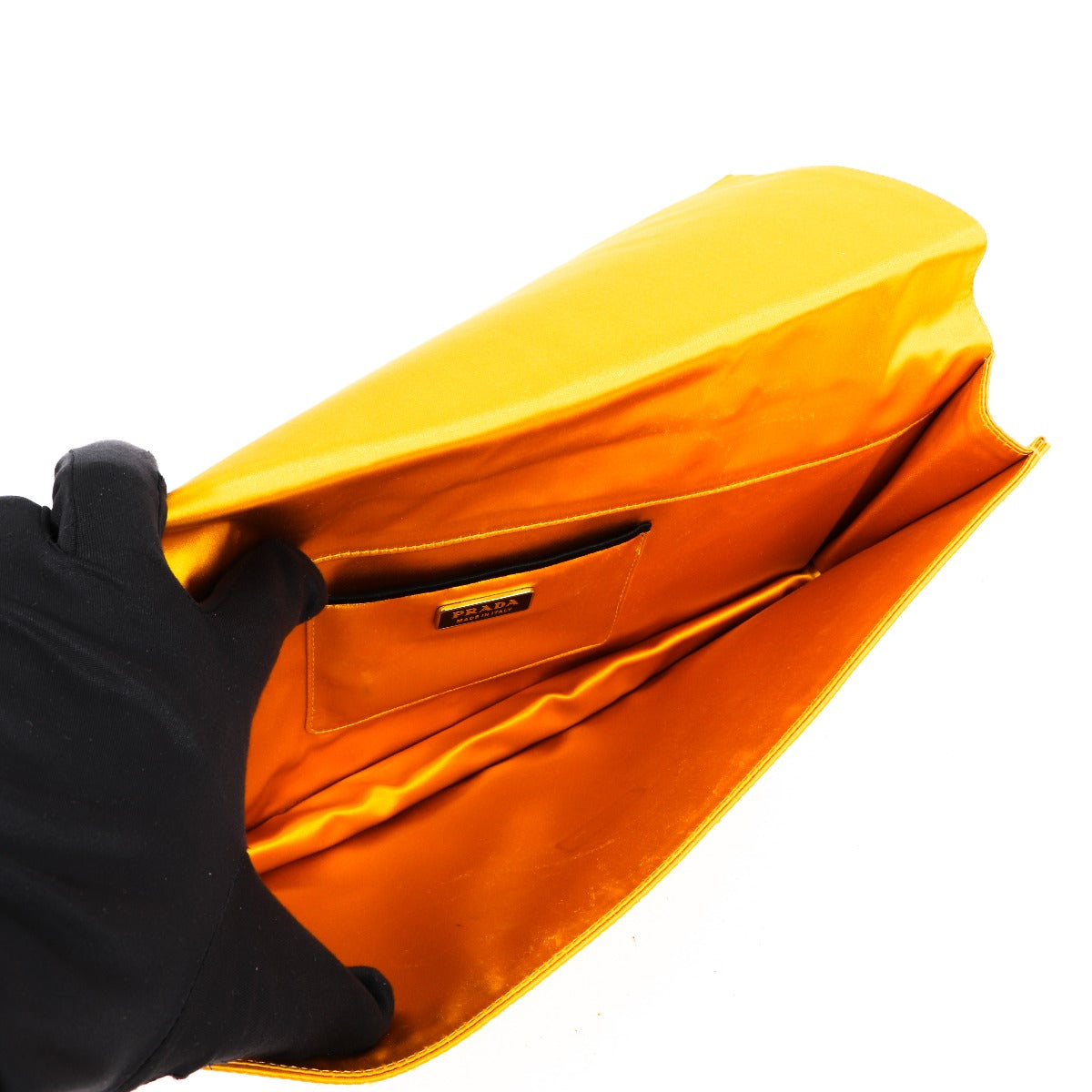 Buy an authentic second-hand Prada Silk Viscose Satin Yellow Clutch in good condition at Labellov in Antwerp.
