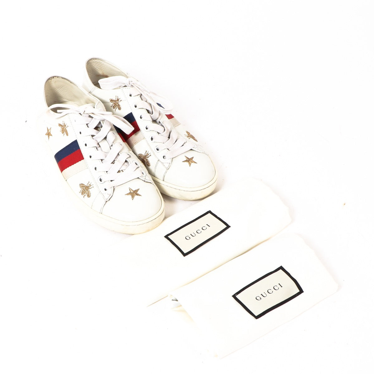 Buy authentic Gucci White Leather Ace Bee And Stars Sneakers Size - 36.5 at Labellov in Antwerp.